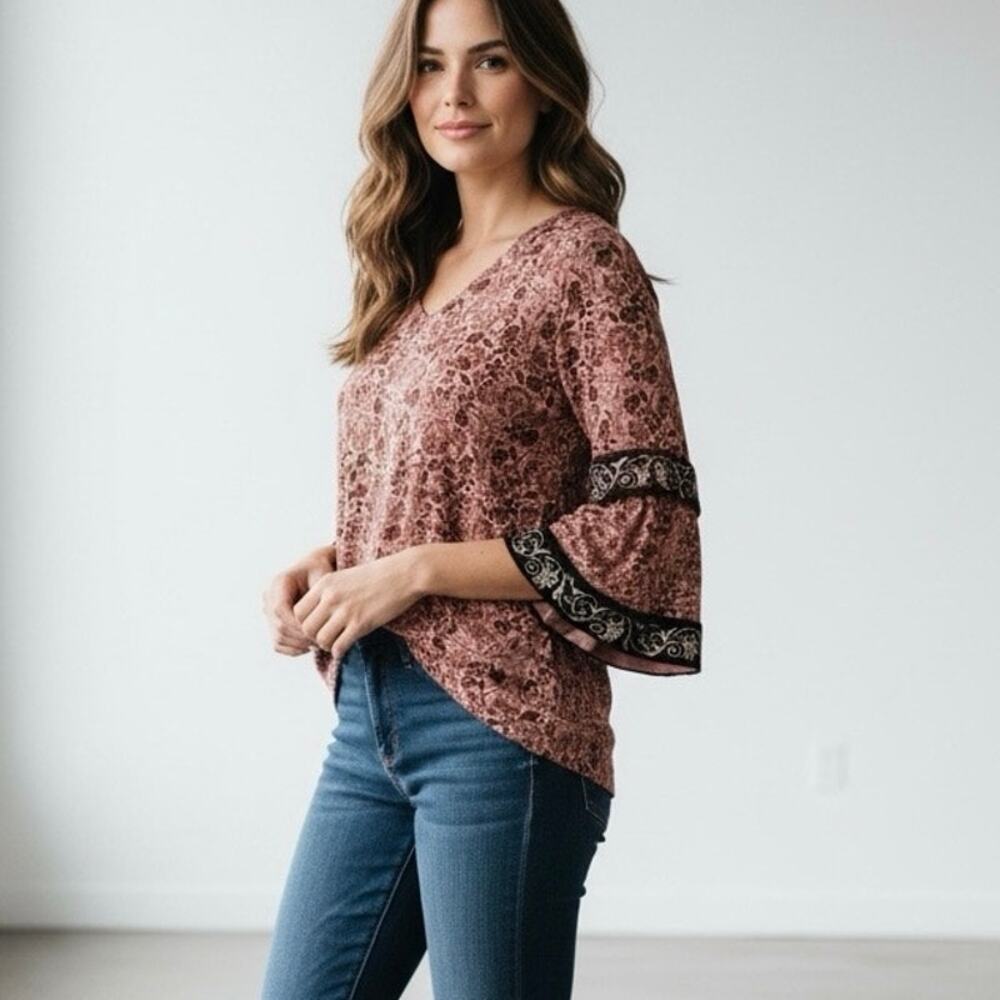 Soft Surroundings Style 30067 Mauve Velvet Bell Slve Top Petite S Romantic Boho